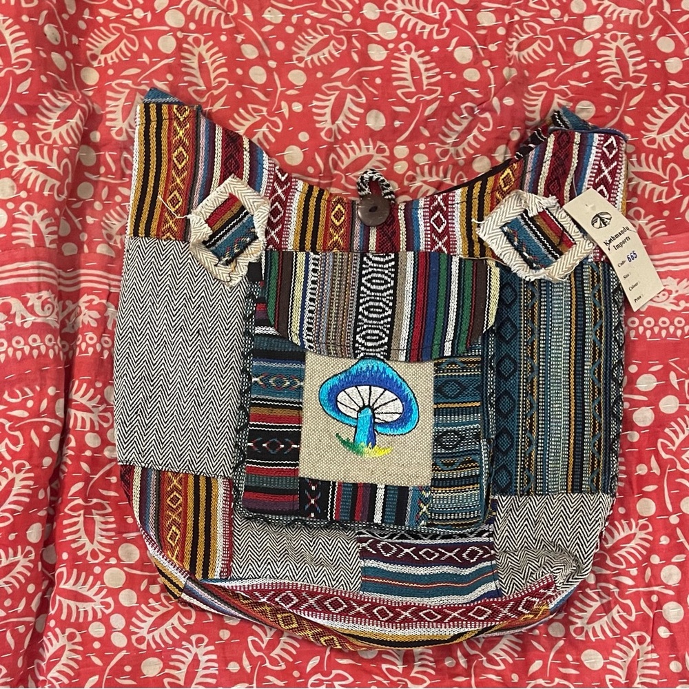 Multicolor handmade Boho Patchwork Shoulder Bag with Embroidered Mushroom(NWT)
